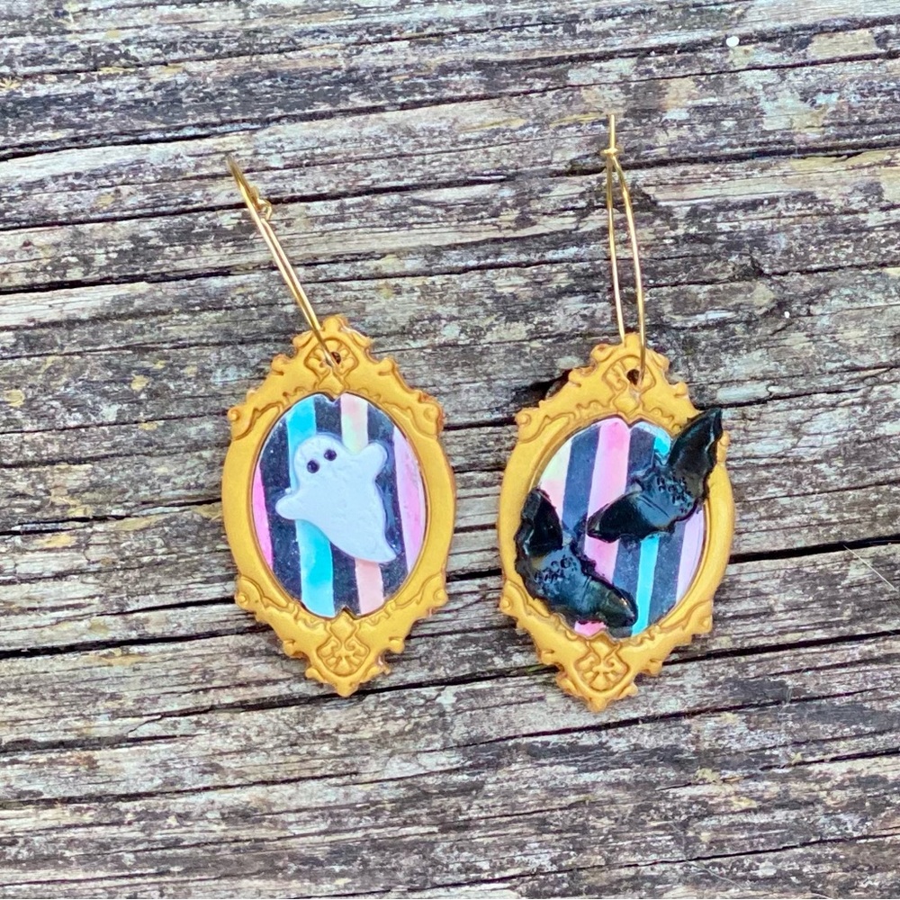 Gold Framed Ghost and Bat Earrings